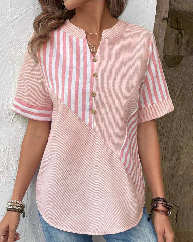 Women's striped colorblock blouse in pink - detail
