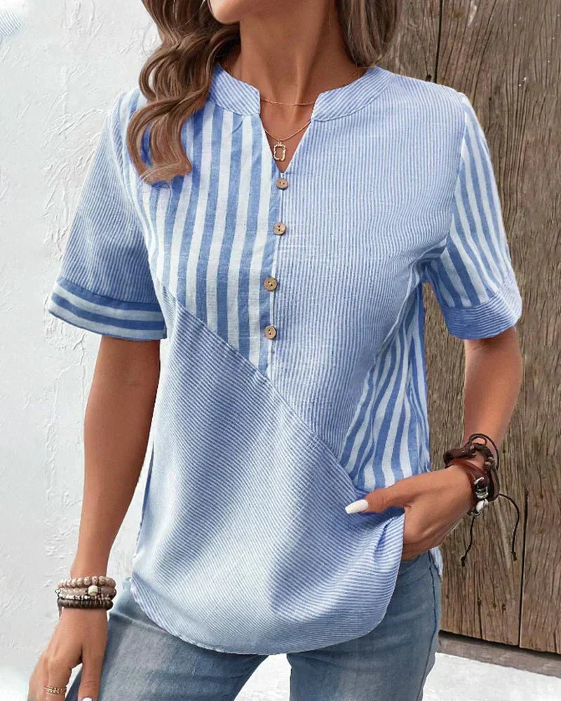 Women's striped colorblock blouse in light blue - detail