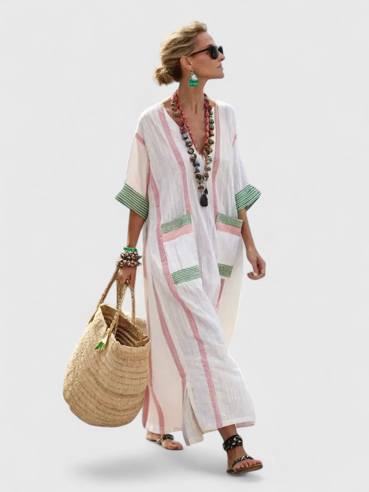 Women's stripe-trim boho maxi dress in white
