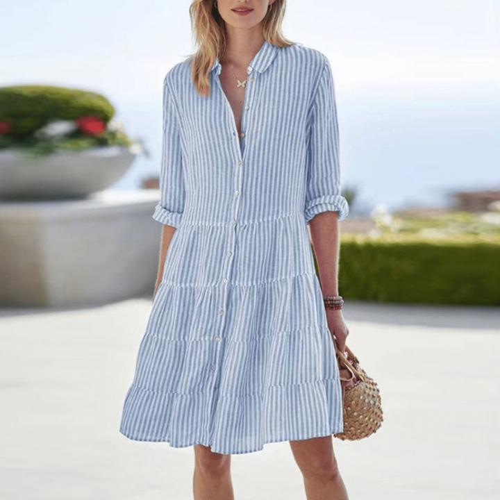 Women's striped tiered button-down mini dress in light blue