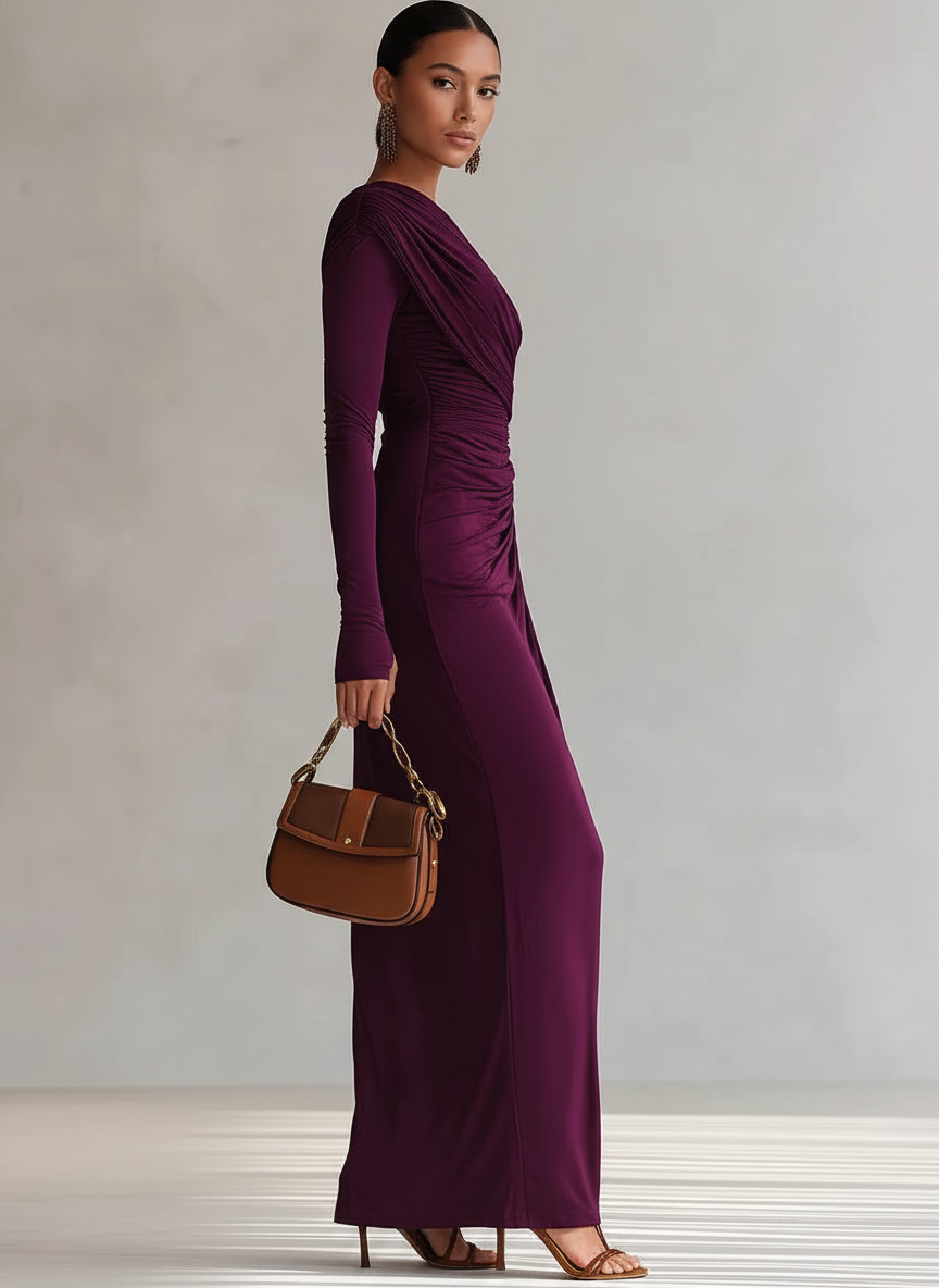 Women's ruched one-shoulder maxi dress - side