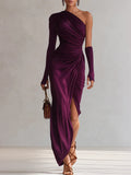 Women's ruched one-shoulder maxi dress in purple - front