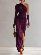 Women's ruched one-shoulder maxi dress in purple - front
