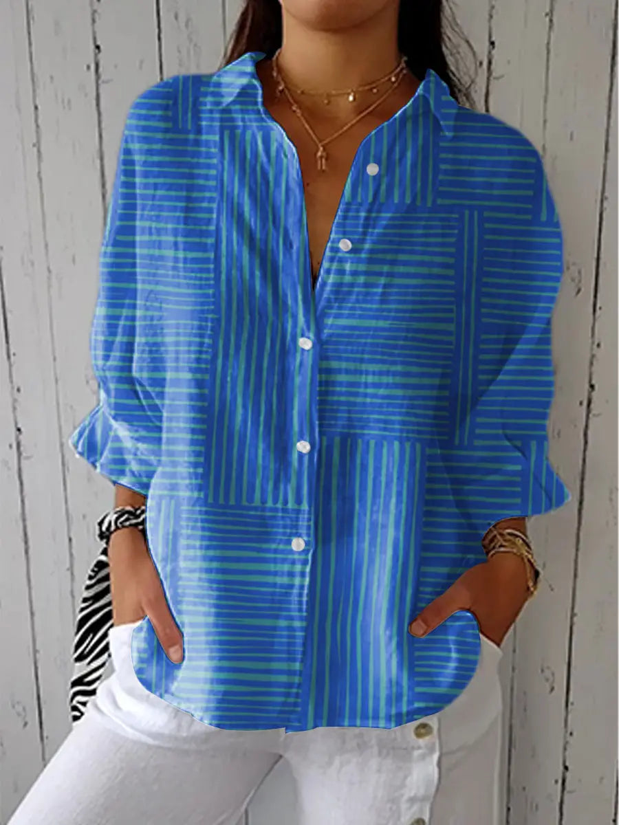 Women's striped loose fit button blouse in blue