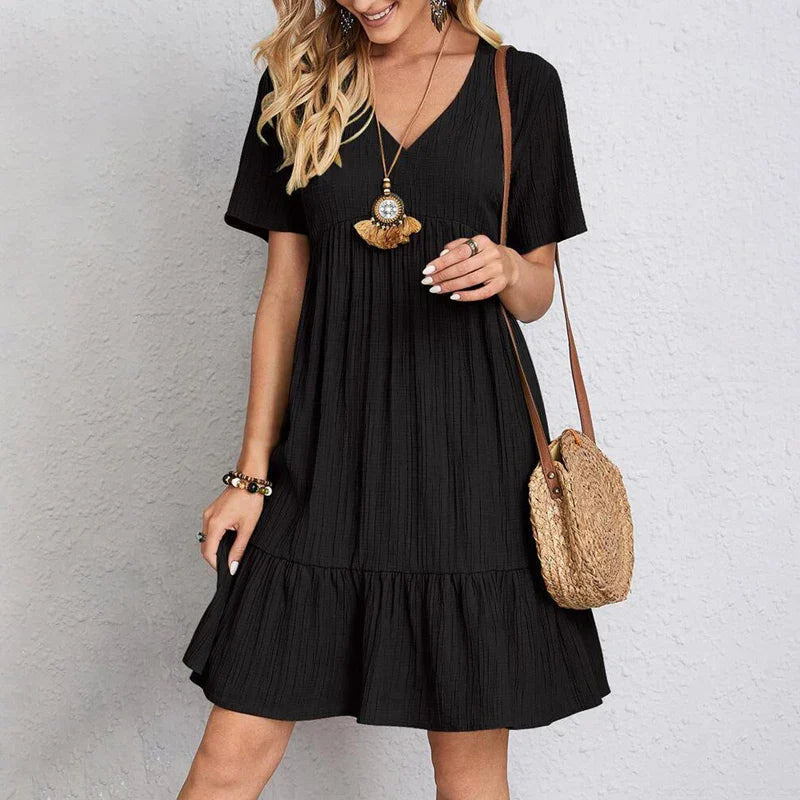 Women's v-neck ruffle hem mini dress in black