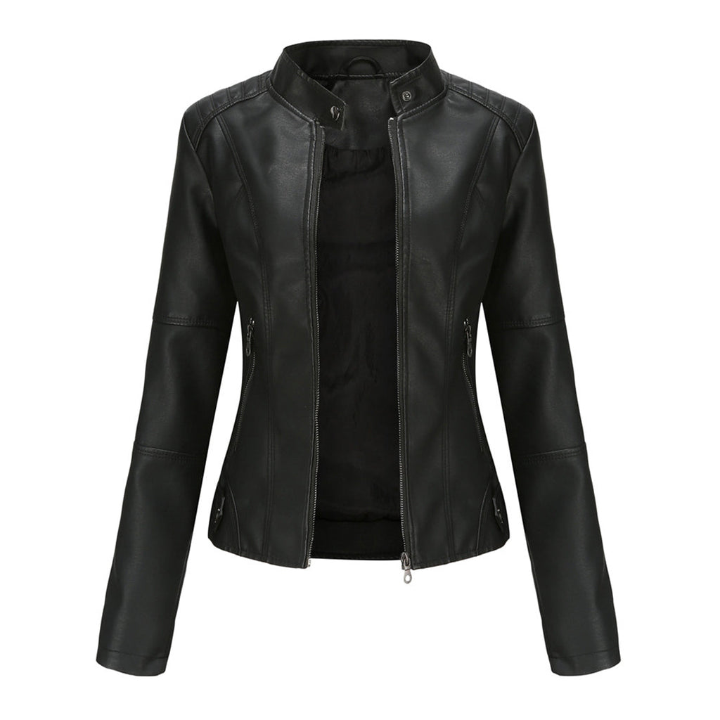 Women's Leather Biker Jacket Stand Collar
