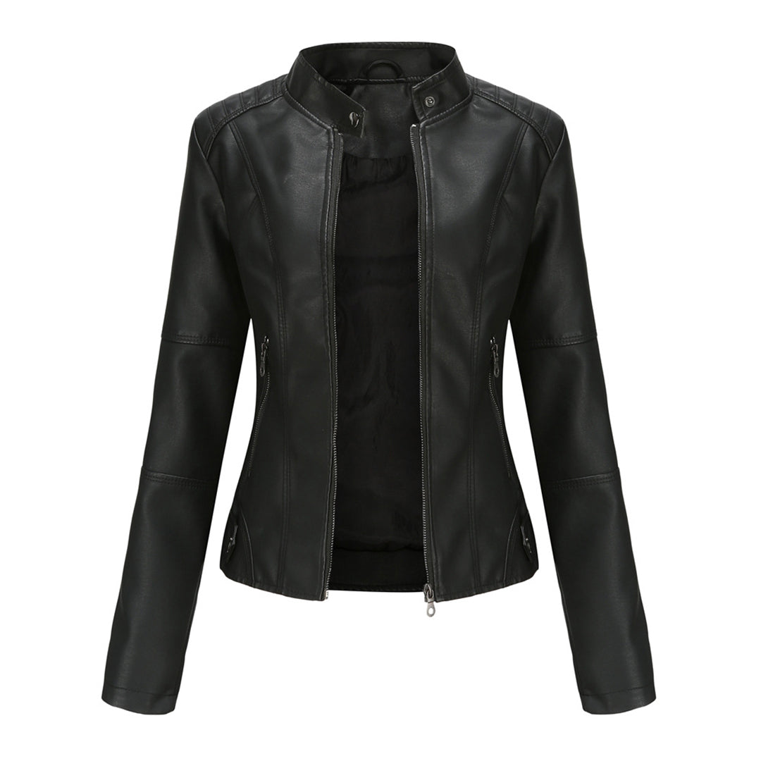 Women's Leather Biker Jacket Stand Collar