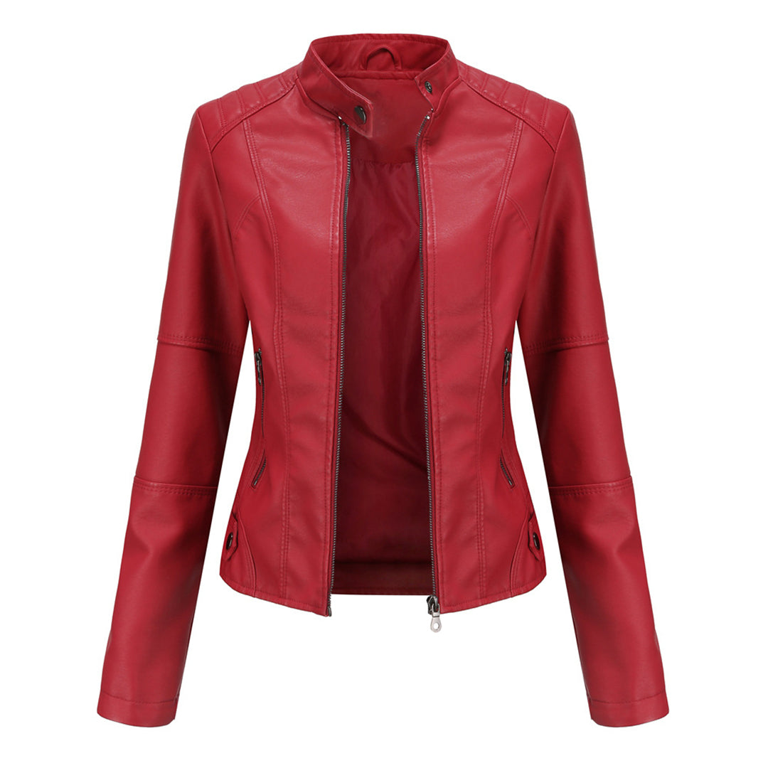 Women's Leather Biker Jacket Stand Collar