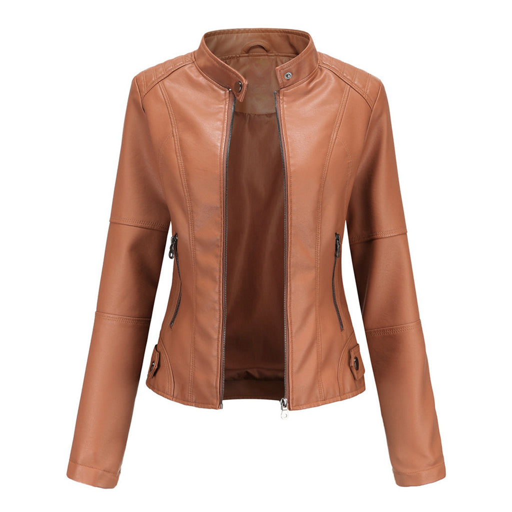 Women's Leather Biker Jacket Stand Collar