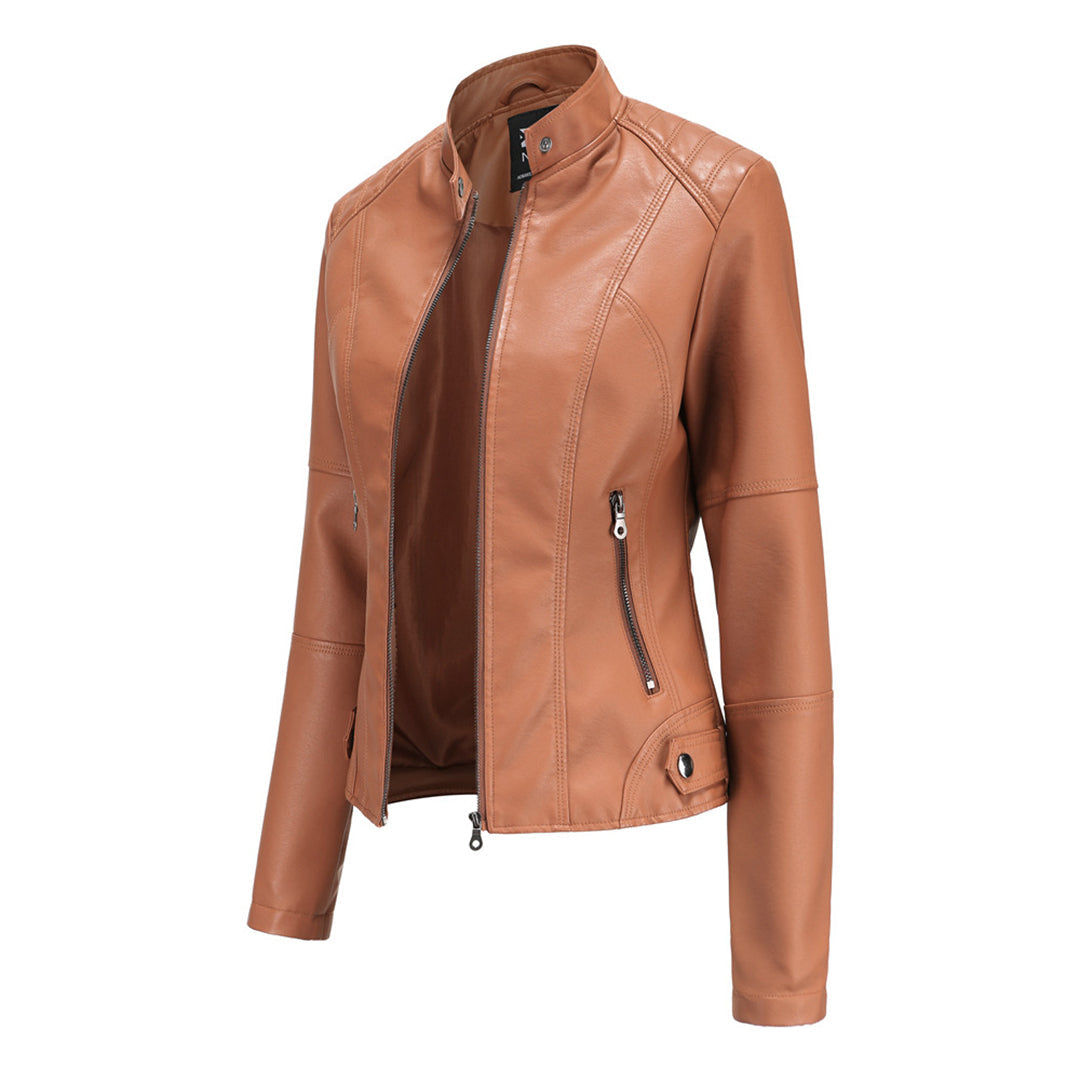 Women's Leather Biker Jacket Stand Collar