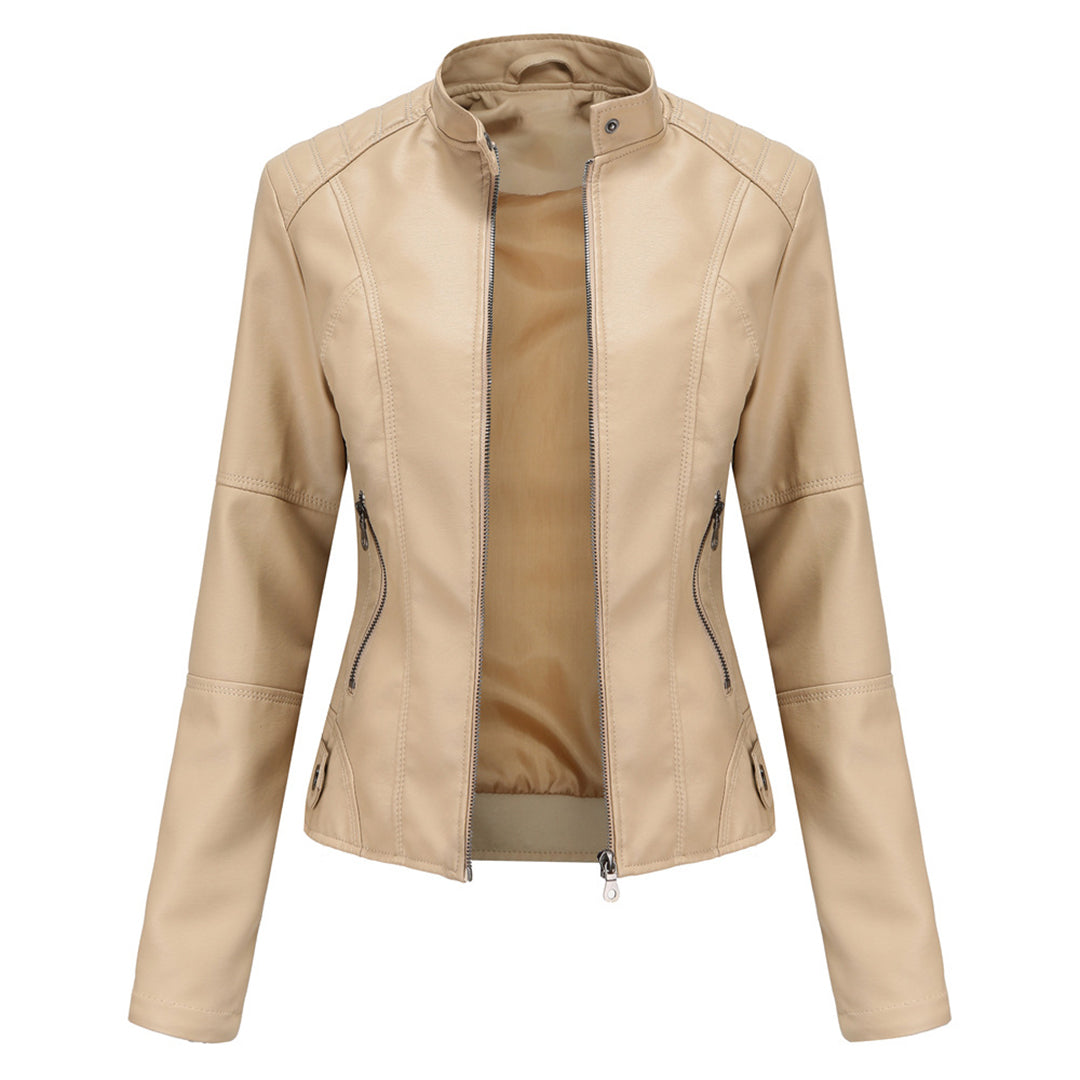 Women's Leather Biker Jacket Stand Collar
