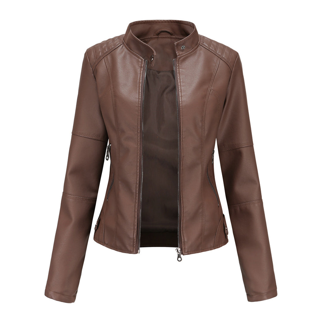 Women's Leather Biker Jacket Stand Collar