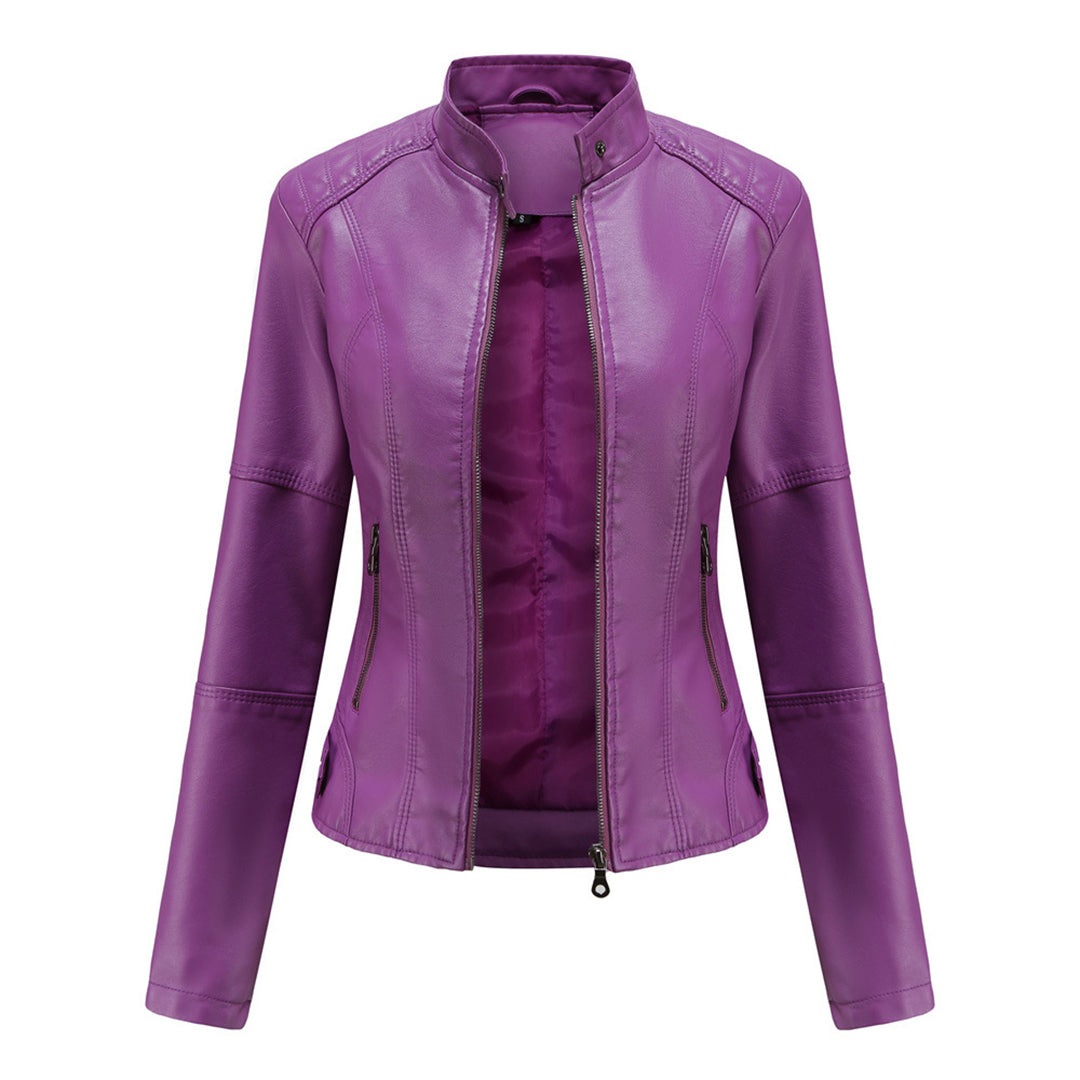 Women's Leather Biker Jacket Stand Collar