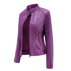 Women's Leather Biker Jacket Stand Collar