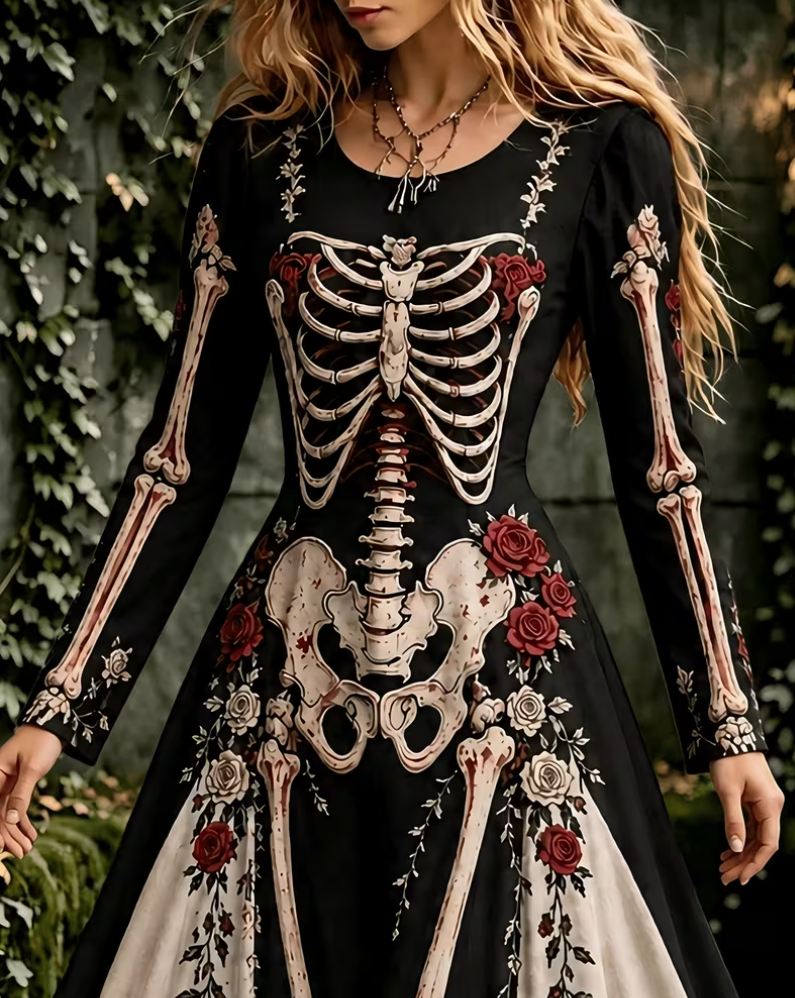 Women's Halloween Skeleton Floral Square Neck Maxi Dress – Vellora