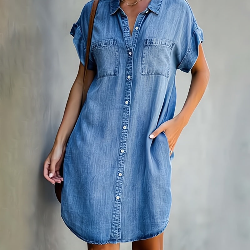 Women's button-down mini shirt dress in blue
