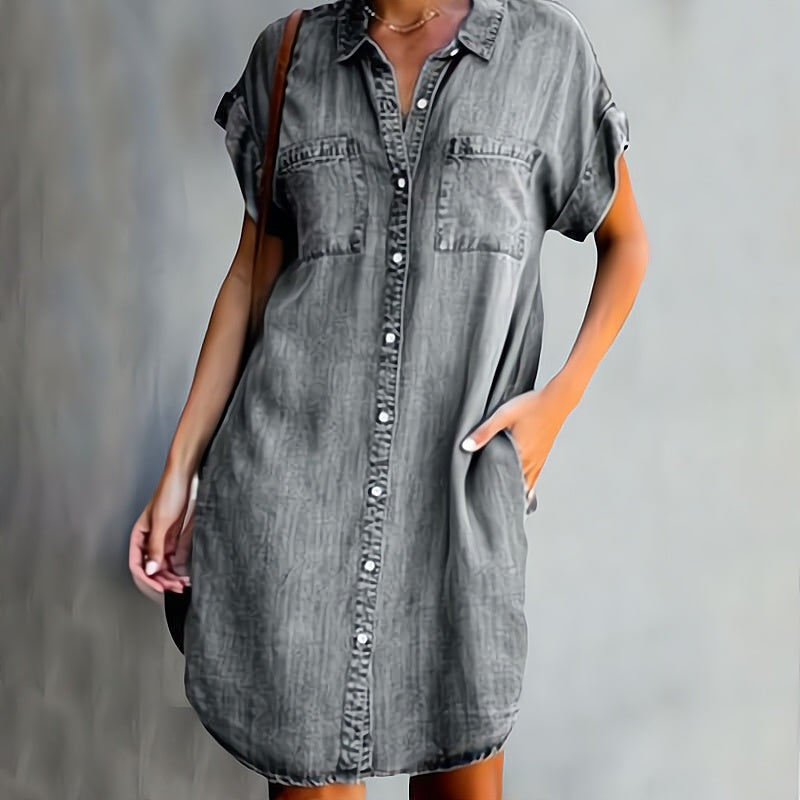 Women's button-down mini shirt dress in grey