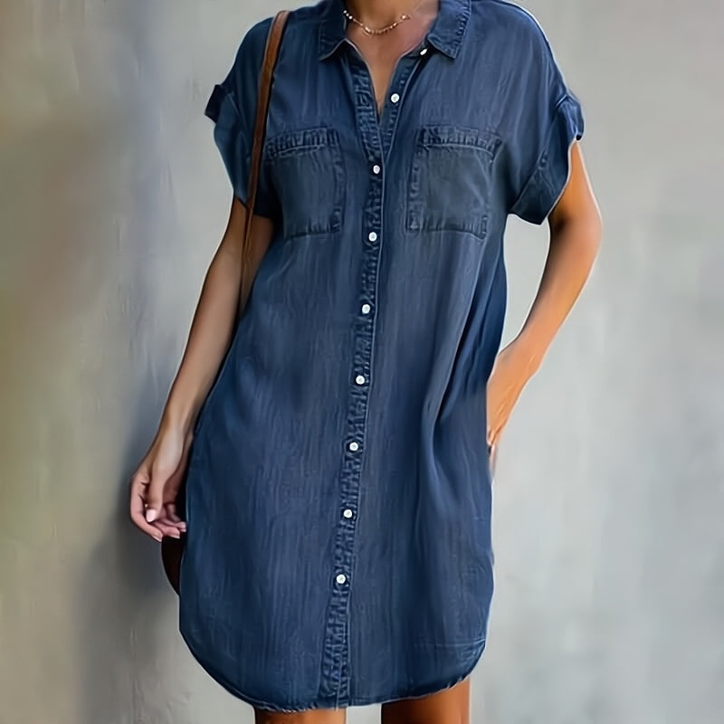 Women's button-down mini shirt dress in dark blue