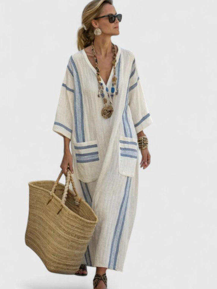 Women's striped kaftan maxi dress in coastal blue stripe