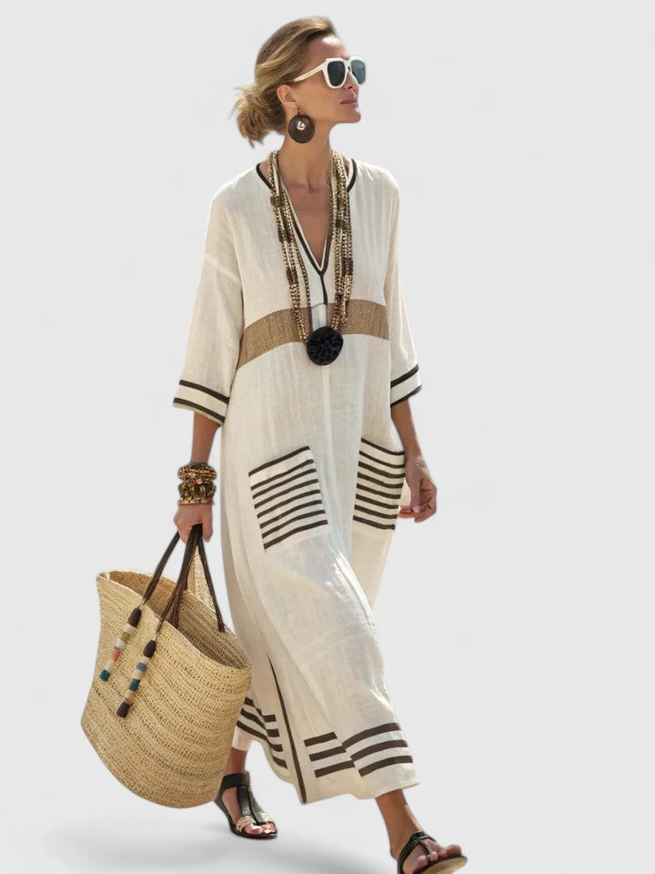 Women's striped kaftan maxi dress in espresso stripe