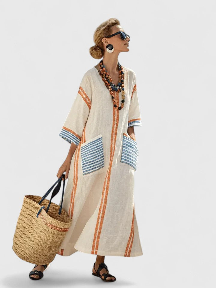 Women's striped kaftan maxi dress in tangerine stripe