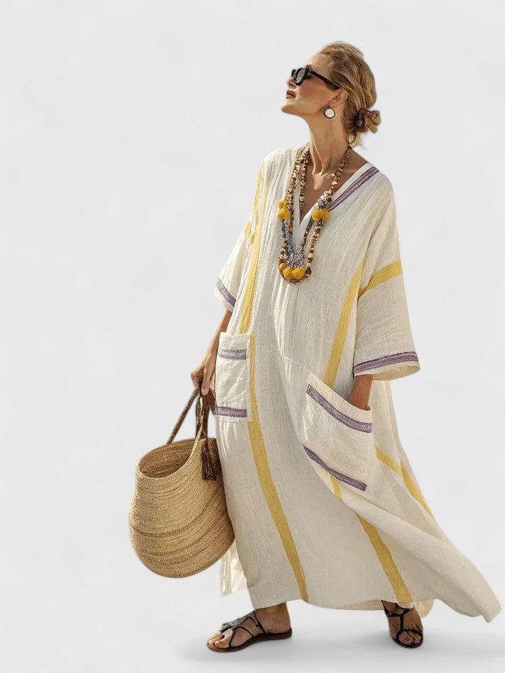 Women's striped kaftan maxi dress in golden lilac stripe