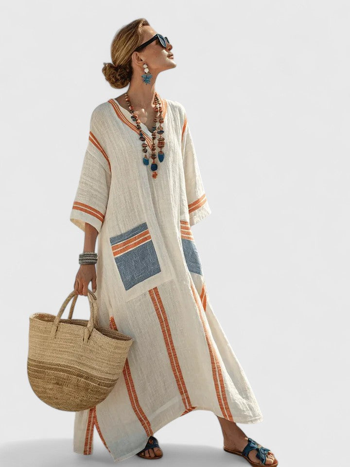 Women's striped kaftan maxi dress in amber stripe