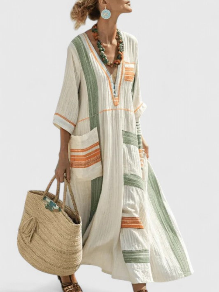 Women's striped kaftan maxi dress in sage stripe