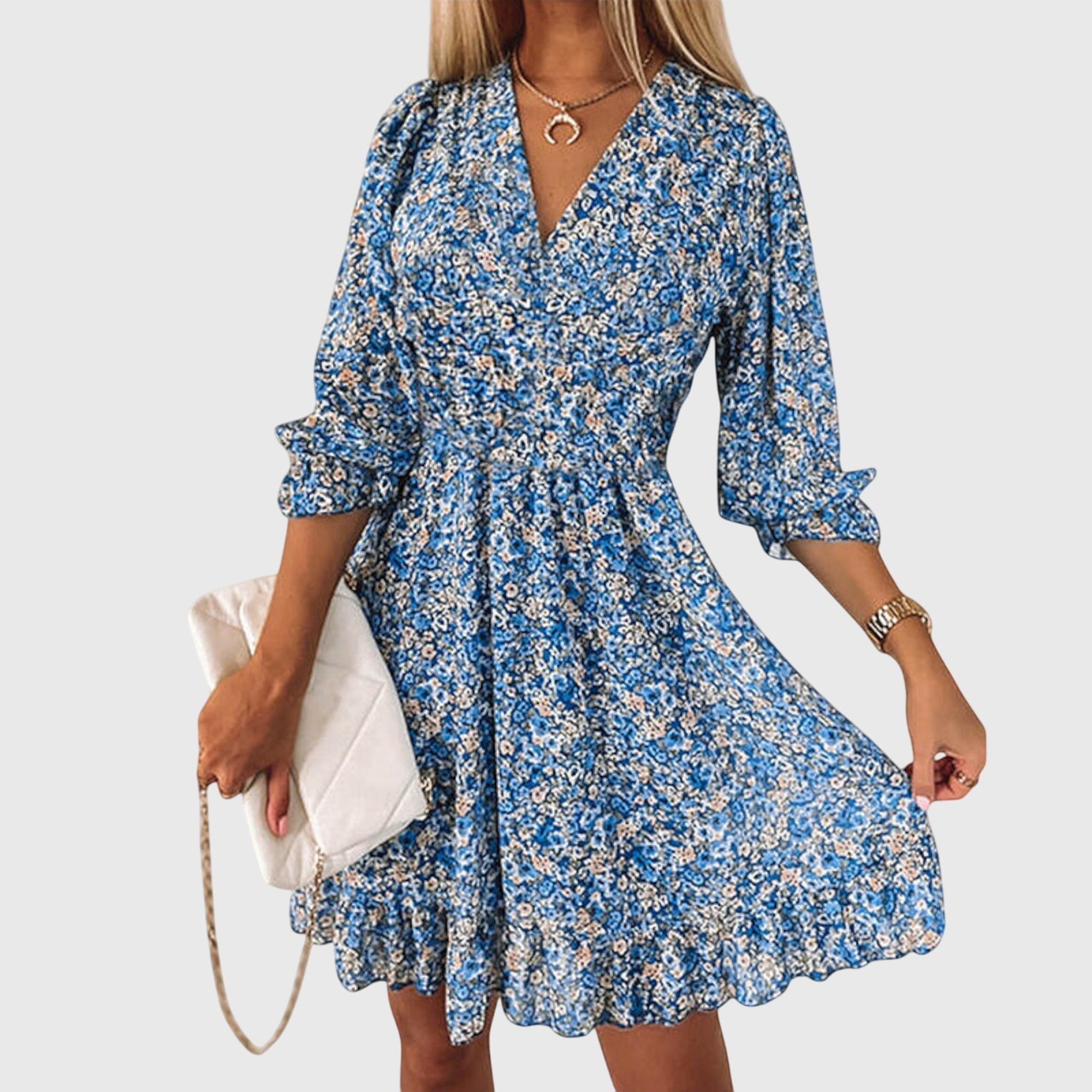 Women's floral v-neck mini dress with puff sleeves in pink