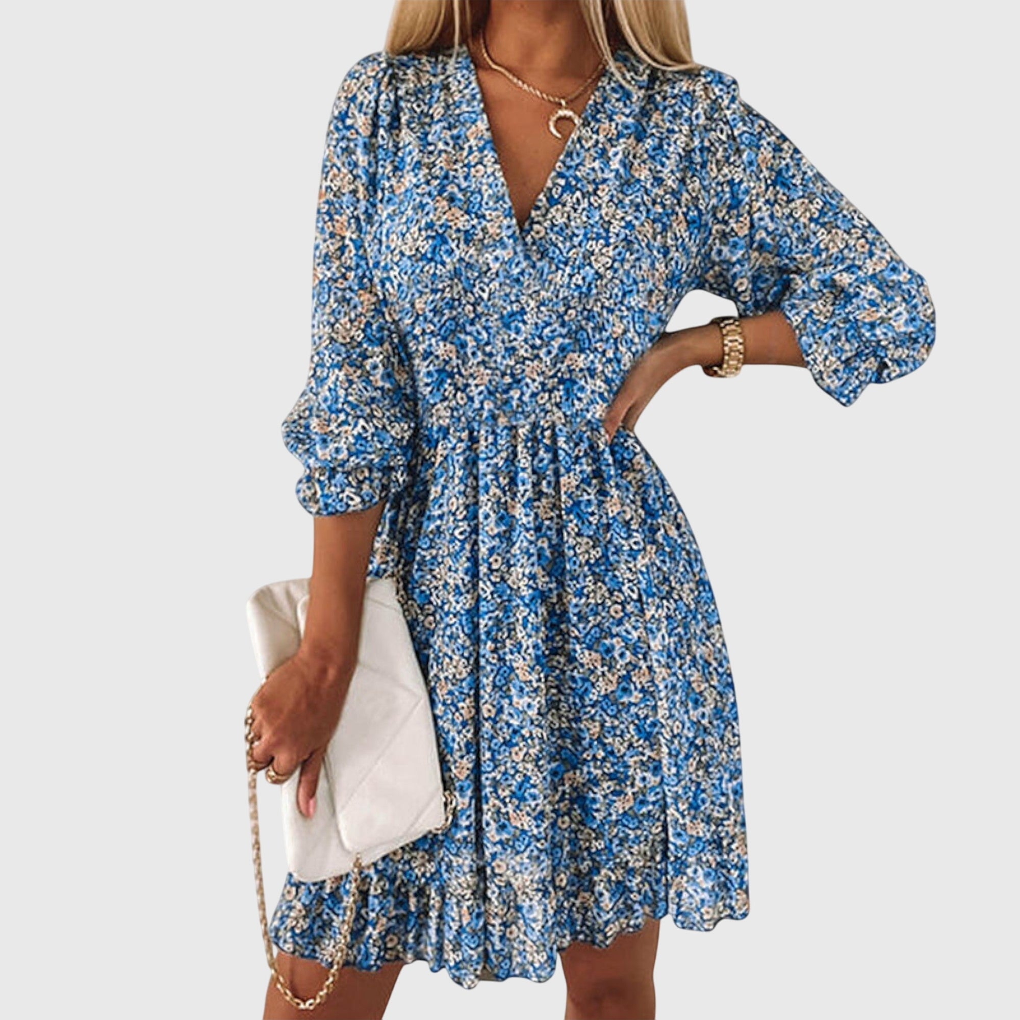 Women's floral v-neck mini dress in pink - detail