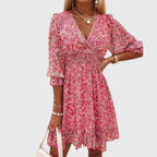 Women's floral v-neck mini dress in green - detail