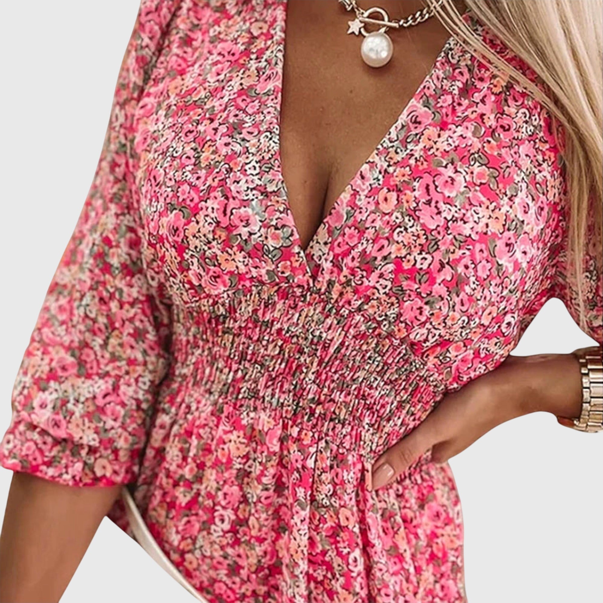 Women's floral v-neck mini dress in green - back