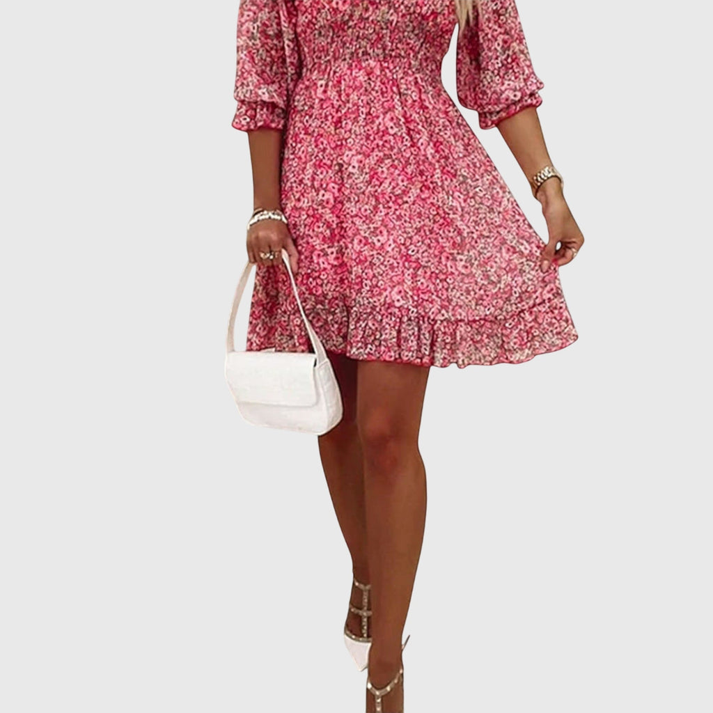 Women's floral v-neck mini dress in blue - detail