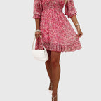 Women's floral v-neck mini dress in blue - detail