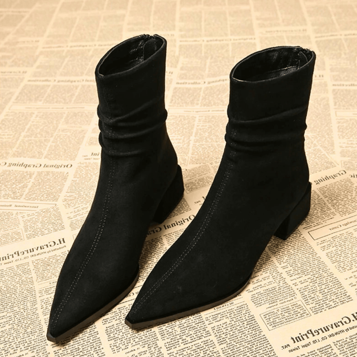 Women's Pointed Toe Ankle Block Heel Boots with Side Zip
