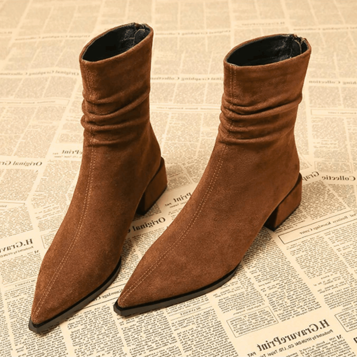 Women's Pointed Toe Ankle Block Heel Boots with Side Zip