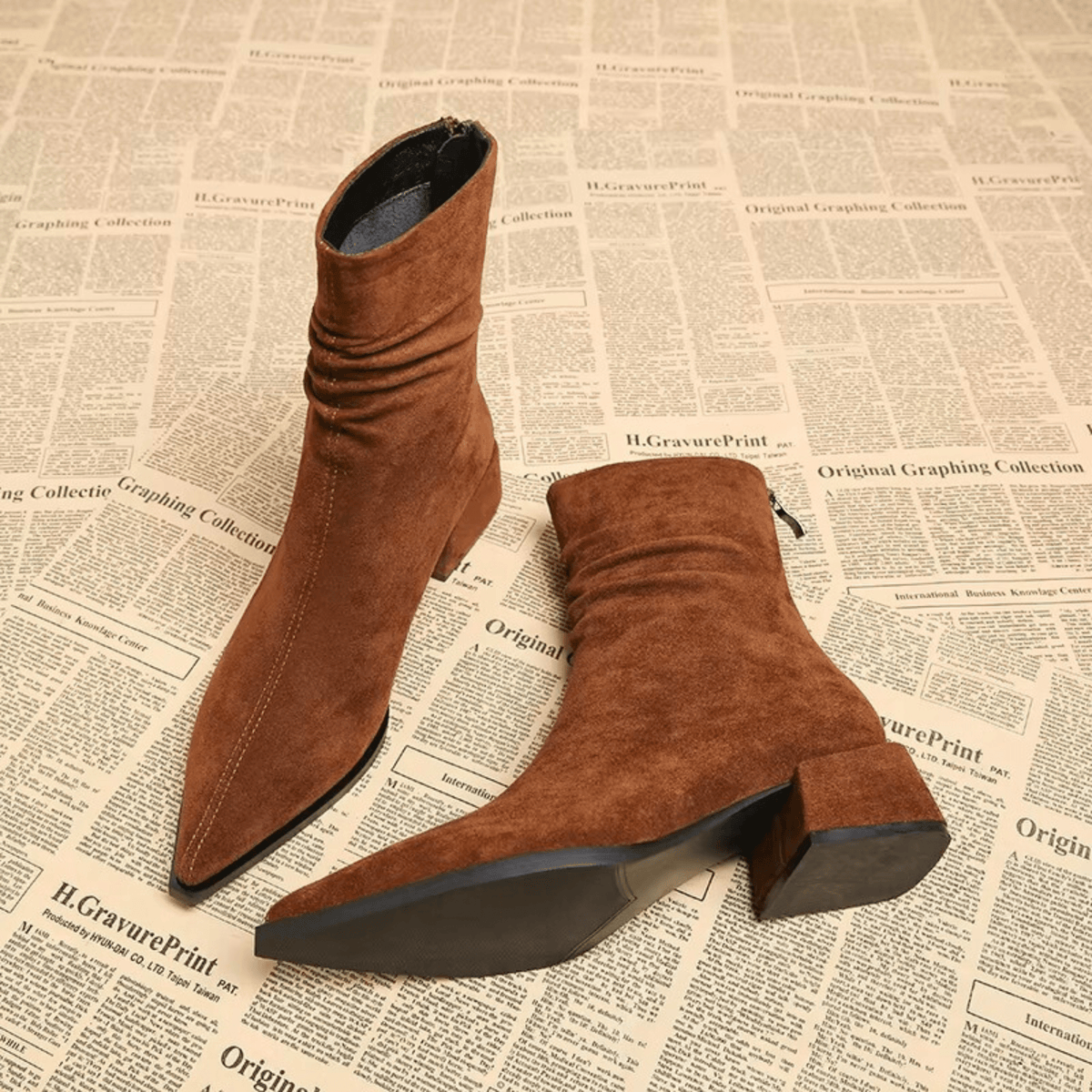 Women's Pointed Toe Ankle Block Heel Boots with Side Zip