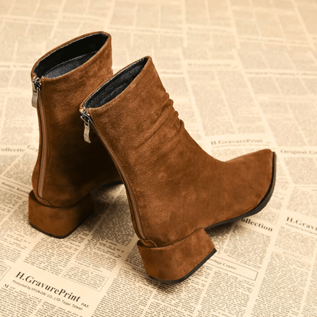 Women's Pointed Toe Ankle Block Heel Boots with Side Zip