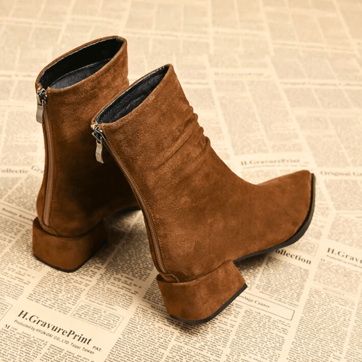 Women's Pointed Toe Ankle Block Heel Boots with Side Zip