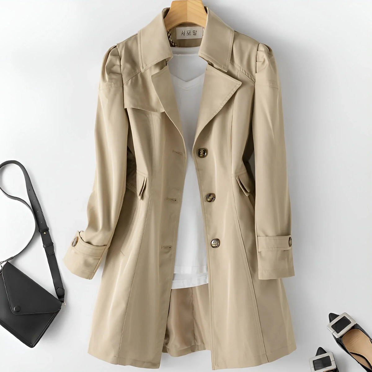 Women's Open Collar Trench Coat Khaki
