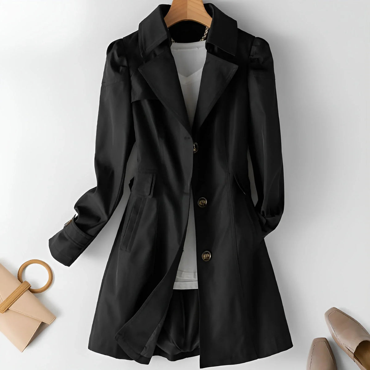 Women's Open Collar Trench Coat Black