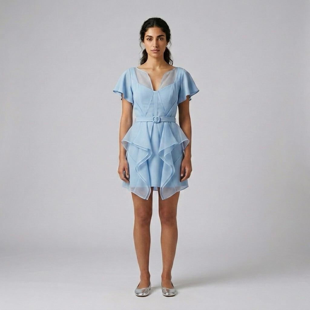 Womens Belted Cascade Hem Mini Dress front view