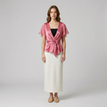 Womens Blush Satin Wrap-Tie Flutter Sleeve Blouse front view