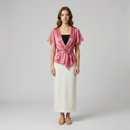 Womens Blush Satin Wrap-Tie Flutter Sleeve Blouse front view