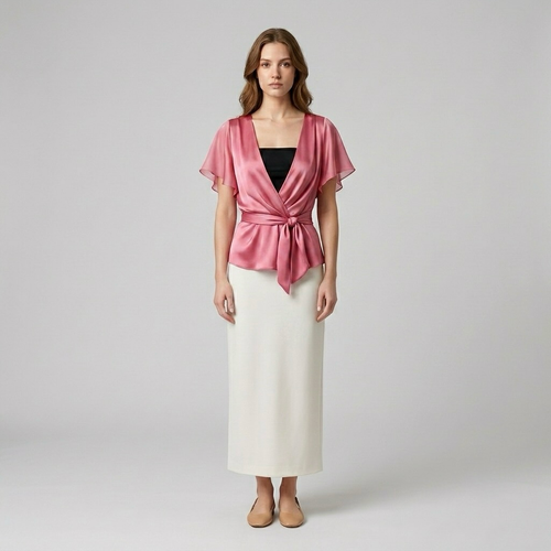 Womens Blush Satin Wrap-Tie Flutter Sleeve Blouse front view