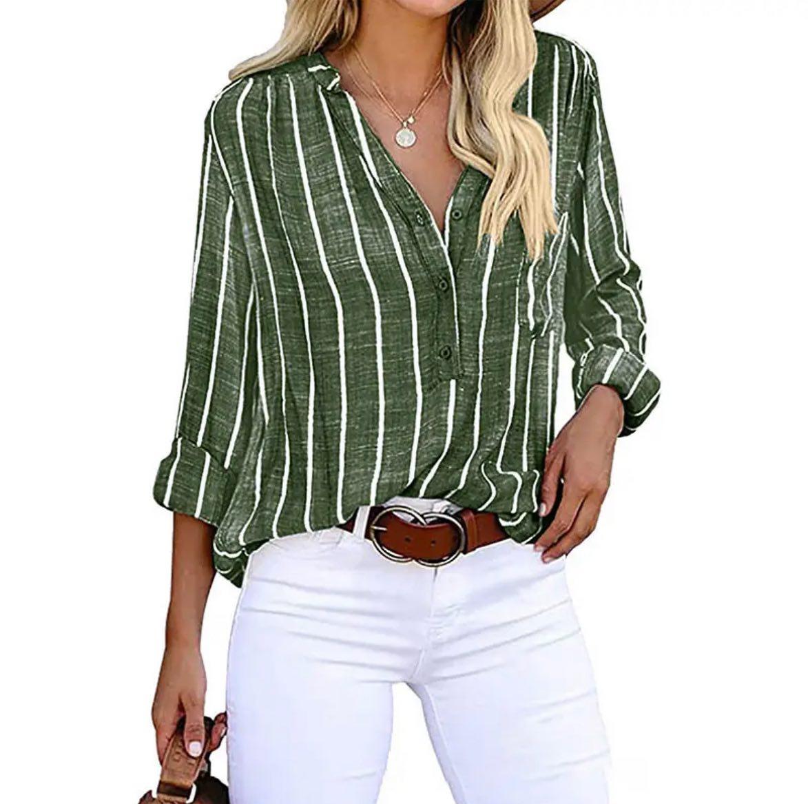 Women's striped woven blouse in green