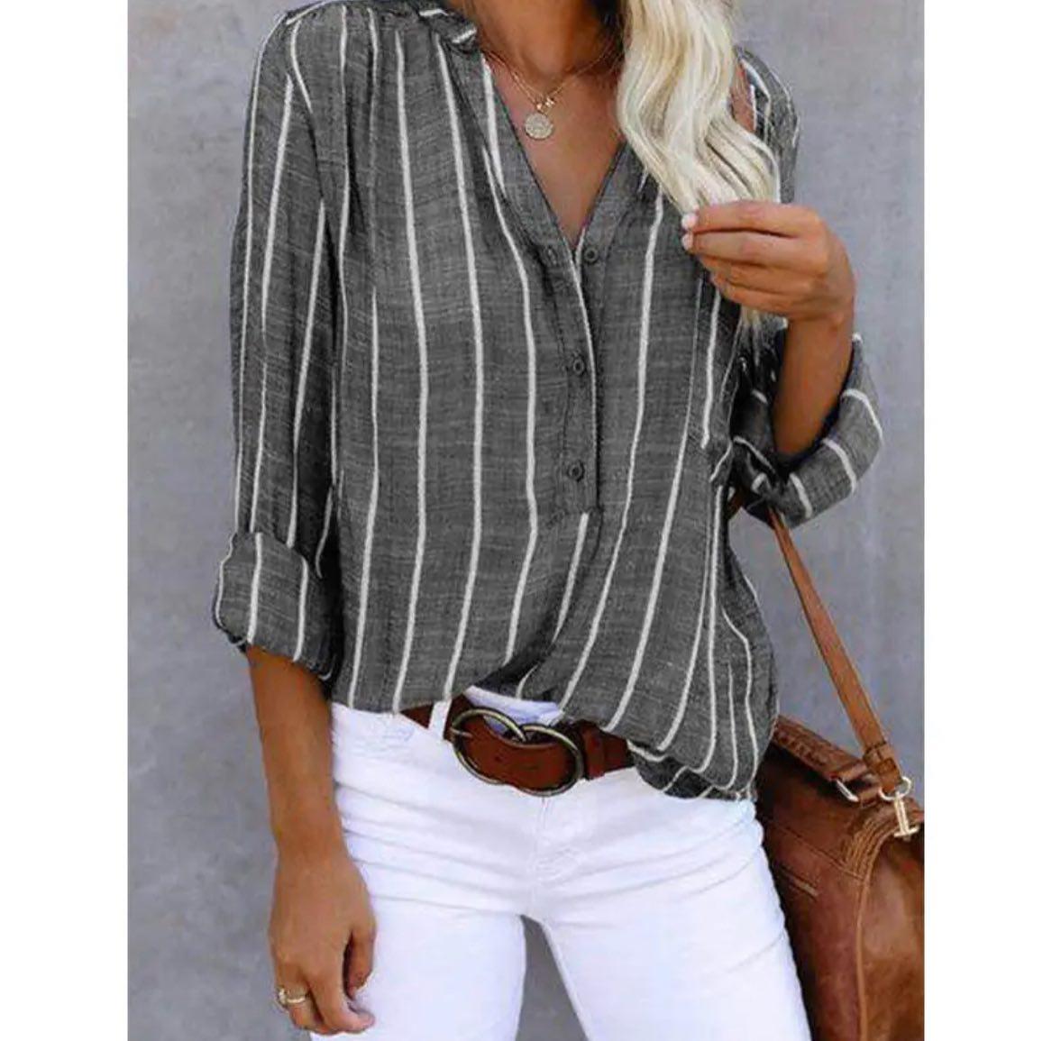 Women's striped woven blouse in gray