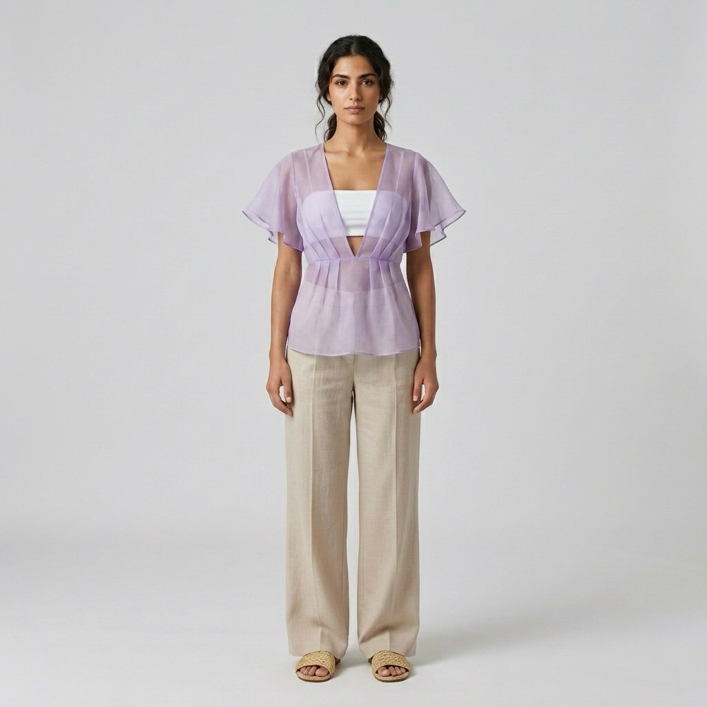 Womens Flutter Sleeve Sheer Waist Blouse front view
