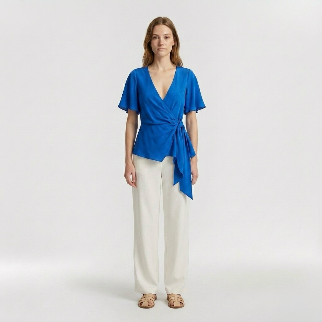 Womens Flutter Sleeve Wrap Tie Top front view