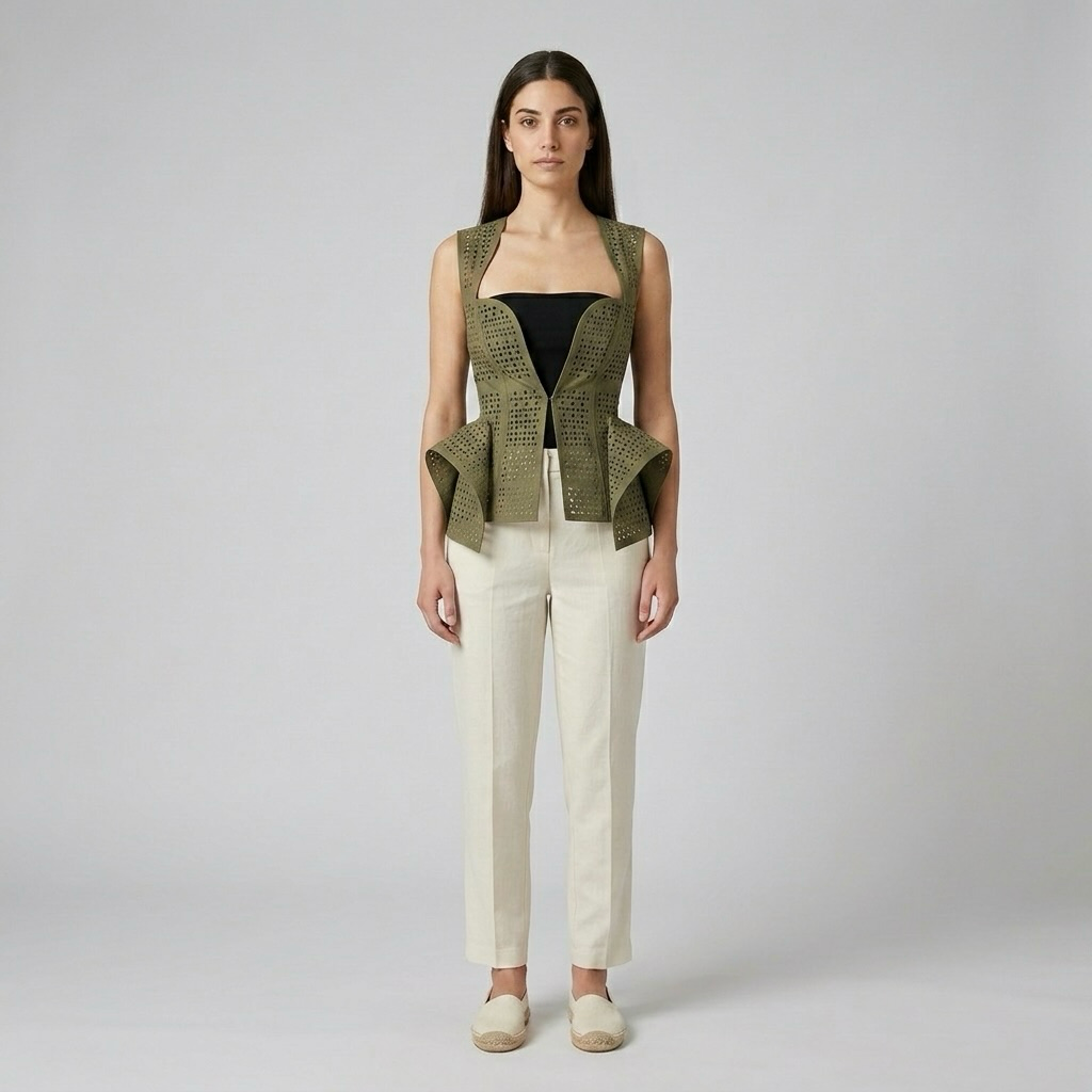 Womens Laser-Cut Peplum Statement Vest front view